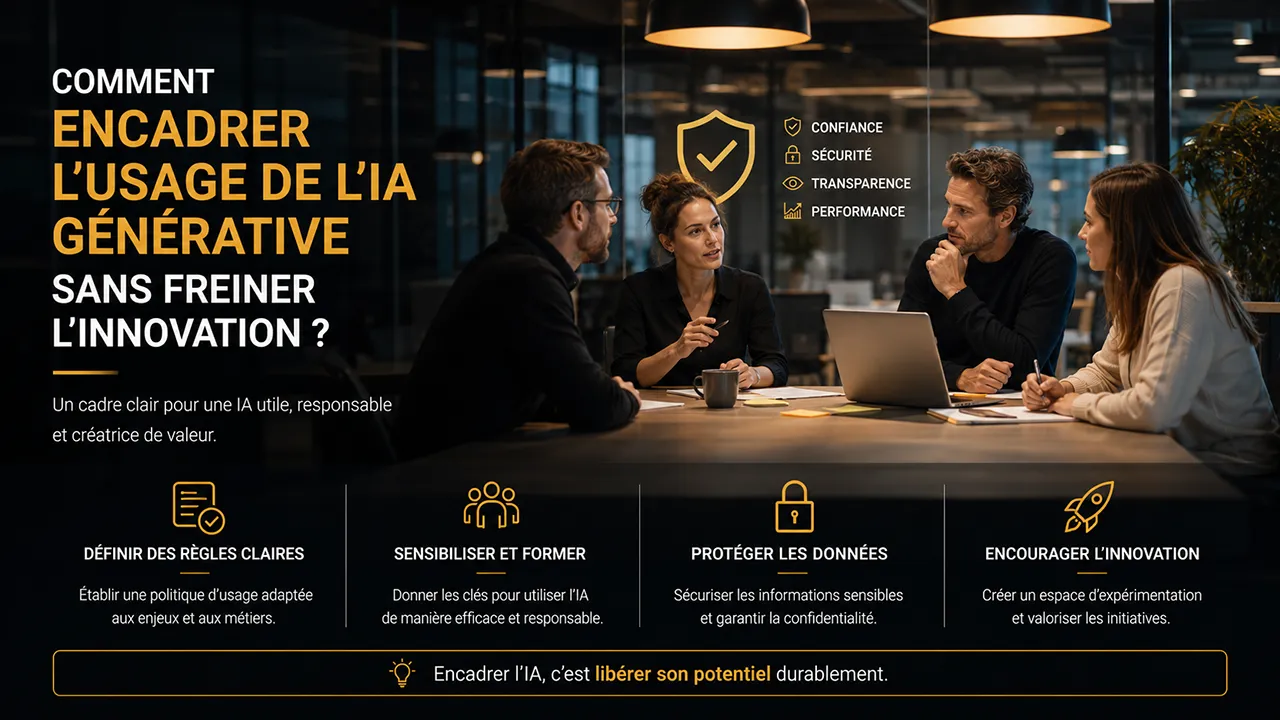 Équipe en réunion autour d’un cadre responsable pour l’IA générative : règles, formation, sécurité des données et innovation.