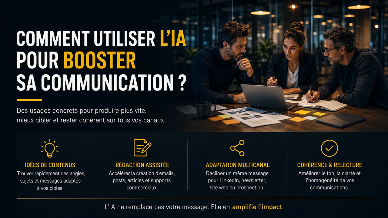 Professionnels utilisant l’IA pour améliorer leur communication grâce à la création de contenus, la rédaction et l’adaptation multicanale