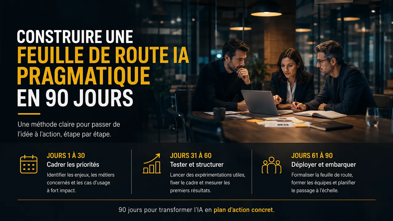 Équipe élaborant une feuille de route IA en 90 jours, de la définition des priorités au déploiement dans l’entreprise.