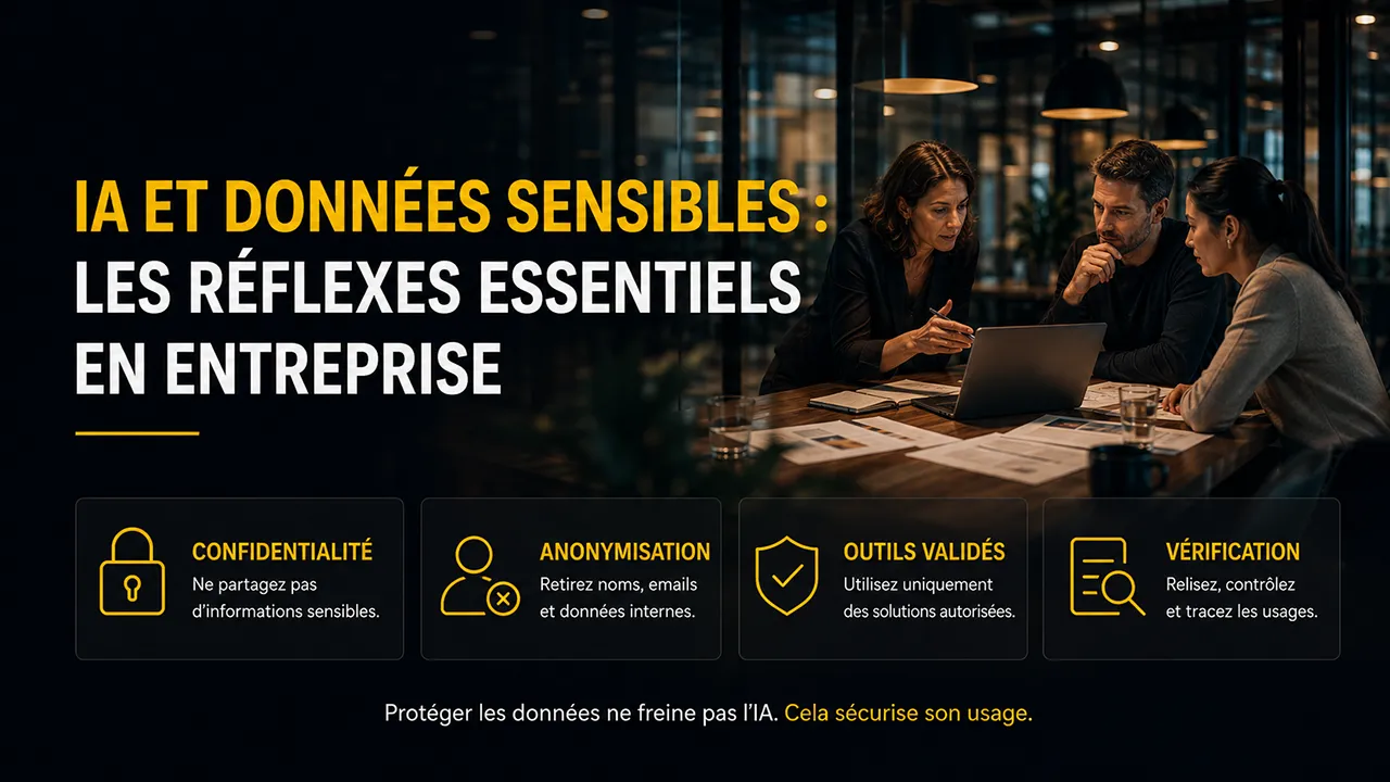Réunion sur la protection des données sensibles lors de l’utilisation de l’IA en entreprise : confidentialité, anonymisation et vérification.